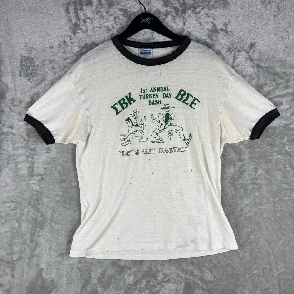 Vintage Hanes Fraternity Thanksgiving Ringer T Shirt Size XL 80s 90s Notre Dame